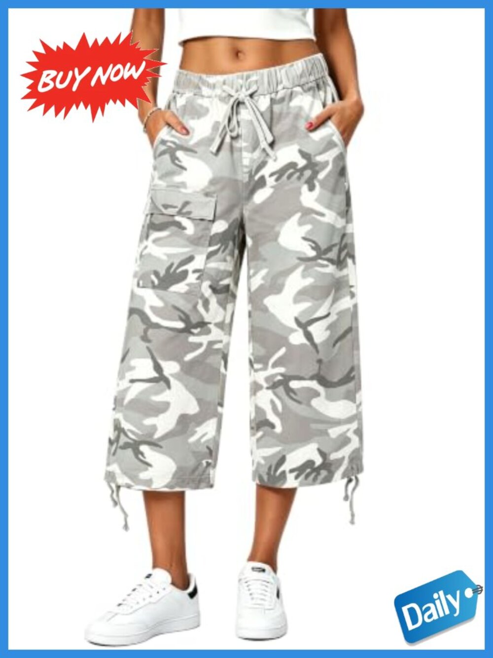 Womens Camo Cargo Capri Pants 100% Cotton Elastic Waist Casual